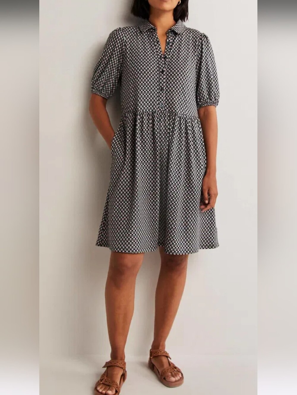 Boden Black Jersey Mini Dress with Pink Floral Print And Pockets Size 14R